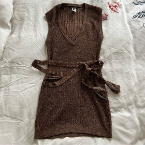 Nanette Lepore brown metallic sleeveless v-neck knit merino wool sweater dress